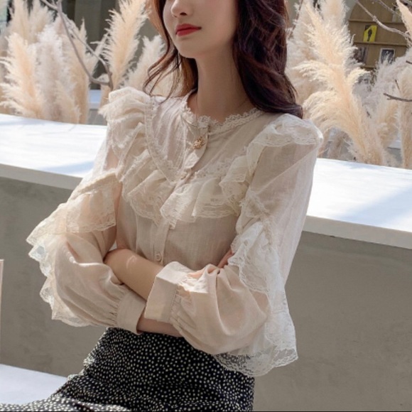 Lace blouse button shirt cream beige ruffle long sleeve  top womens - Picture 4 of 10